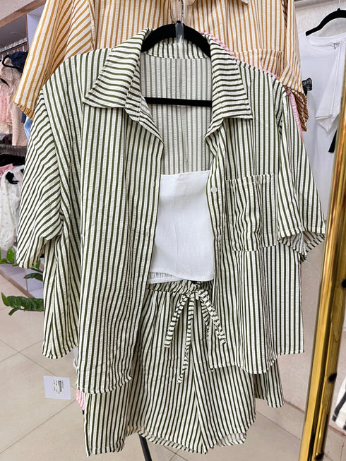 Summer Short Sleeves Strips Shirts With Short and Crop Camisoley